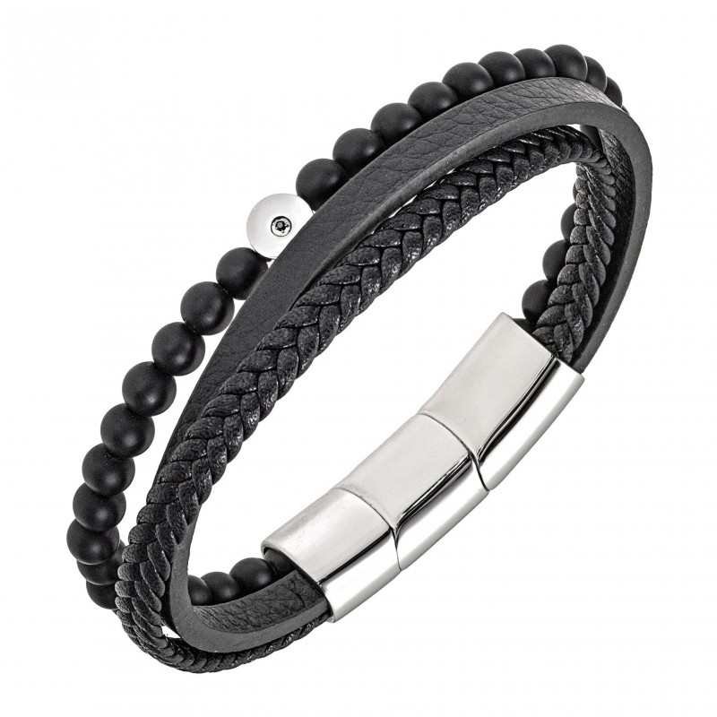 Bracelet All Blacks En Cuir Multi Lani Res Et Acier Avec Diamant Noir